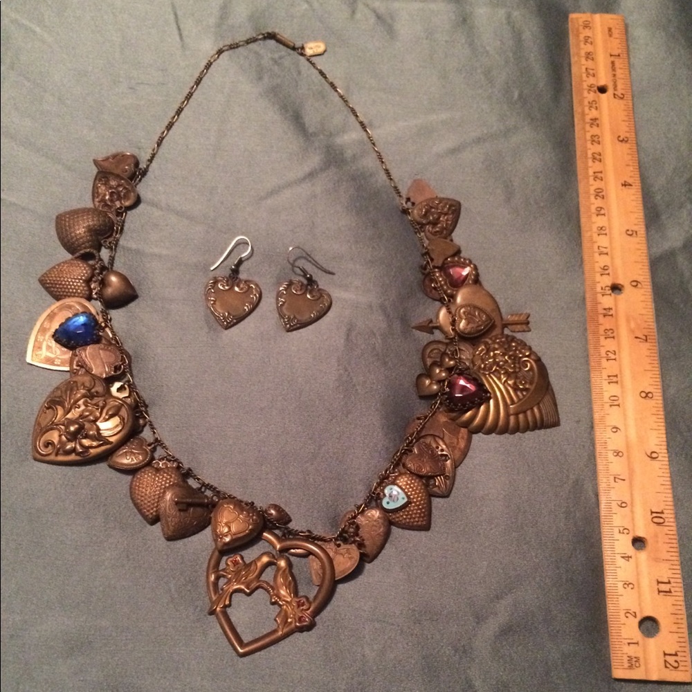 Brass colored heart necklace and earrings